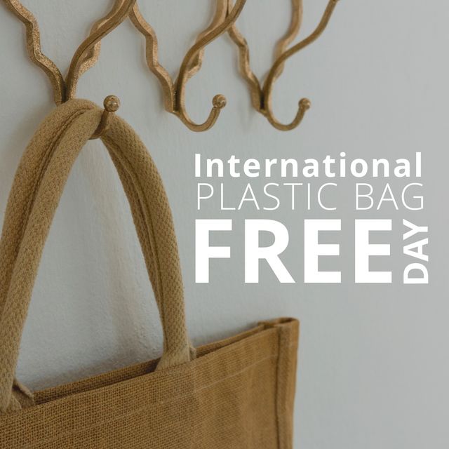 Digital composite image of jute bag with international plastic bag free day text. awareness and nature conservation concept, celebration, plastic bags free day.