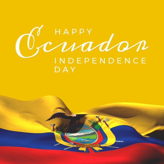 Illustration of happy ecuador independence day text and ecuador national flag on yellow background. copy space, patriotism, celebration, freedom and identity concept.