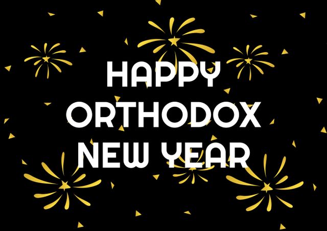 Vector image of happy orthodox new year text with yellow fireworks display against black background - Download Free Stock Photos Pikwizard.com