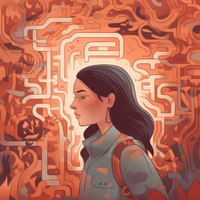 Labyrinth with shapes and sad asian girl, created using generative ai technology. Mental, health, brain, digitally generated image.