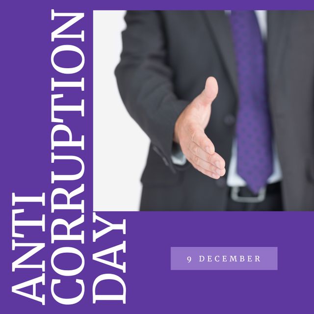 Composition of anti-corruption day text over caucasian businessman on purple background. Anti-corruption day concept digitally generated image.