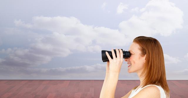 Digital composite of Side view of woman using binoculars against sky