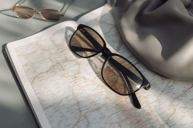 Sunglasses and travel blanket on open map, created using generative ai technology. Travel, adventure, exploration and vacations, digitally generated image.