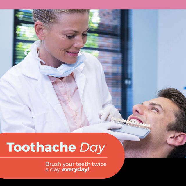 Composition of toothache day text and caucasian female dentist with patient. Toothache day oral hygiene and dentistry concept digitally generated image.