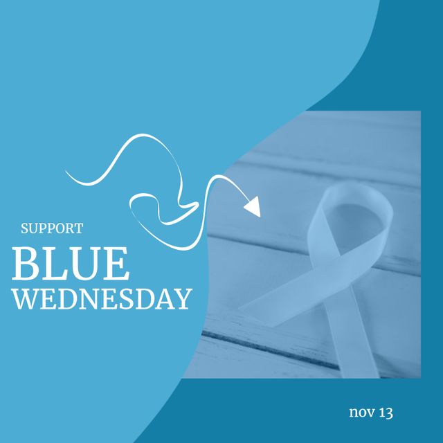 Composite of nov 13 and support blue wednesday text with arrow pointing at awareness ribbon on table. Copy space, mouth cancer, disease, healthcare, support, awareness and prevention concept.