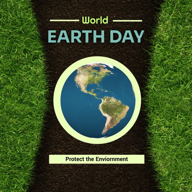 Image of world earth day text over globe and grass. World earth day and celebration concept digitally generated image.
