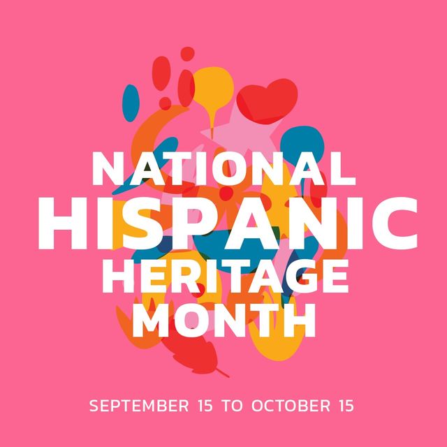 National hispanic heritage month and september 15 to october 15 text with colorful scribbles. Pink background, illustration, copy space, hispanic americans, recognition, achievement and celebration.