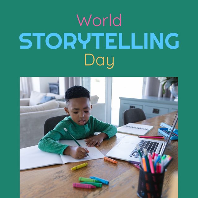 Image of world storytelling day text over african american boy learning with laptop. World storytelling day and celebration concept digitally generated image.