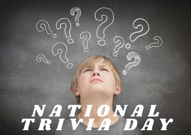 Digital composite image of national trivia day over confused boy looking at question marks. knowledge and creativity.
