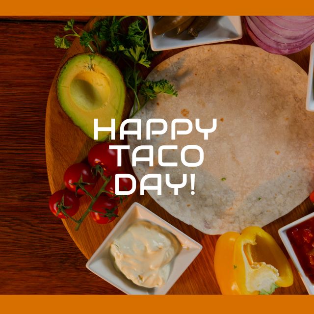 Composition of happy taco day text with tacos ingedients on table. National taco day and celebration concept digitally generated image.