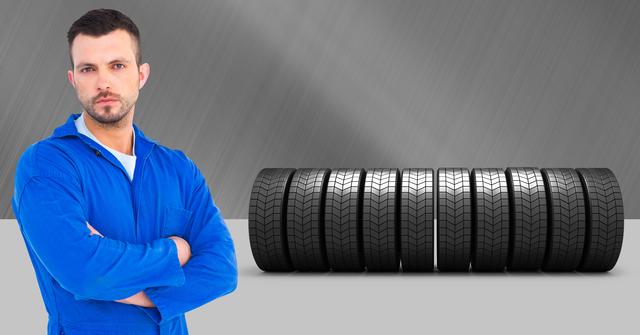 Mechanic standing with arms crossed with tires in background - Download Free Stock Photos Pikwizard.com