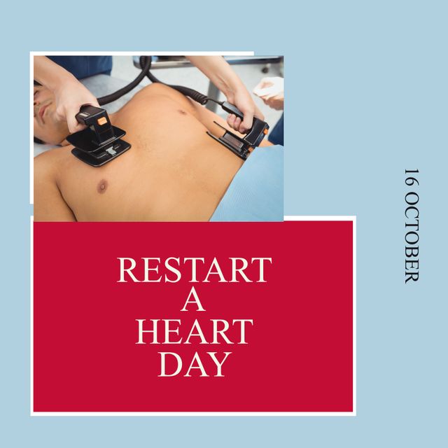 Composition of restart a heart day text over doctor resuscitating caucasian male patient. Restart a heart day concept digitally generated image.