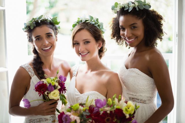 Bride and bridesmaids standing with bouquet at home - Download Free Stock Photos Pikwizard.com