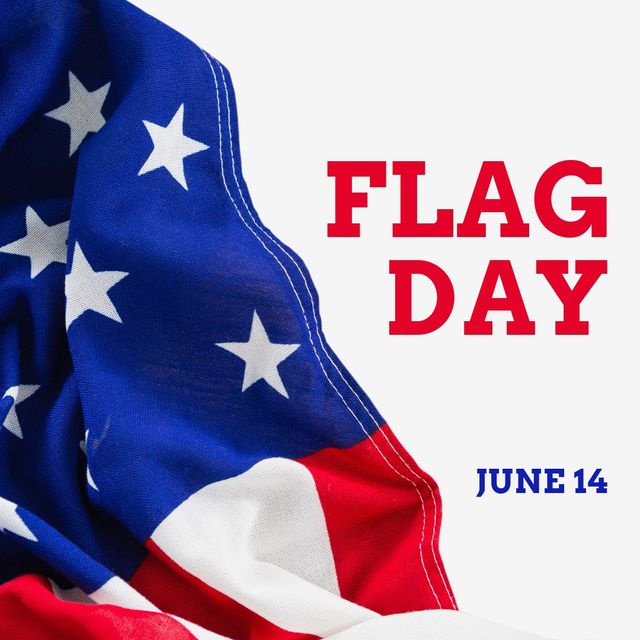 National flag day text and date by america flag with stripes and stars against white background. digital composite, symbolism, patriotism and identity concept.