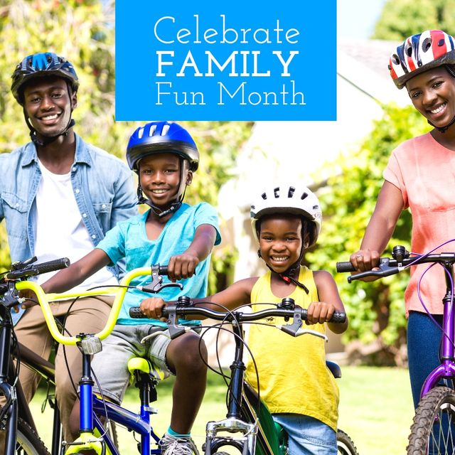 Portrait of african american parents and sons with bikes in park and celebrate family fun month text. happy, digital composite, cycling, family, togetherness, childhood, enjoyment, celebration.