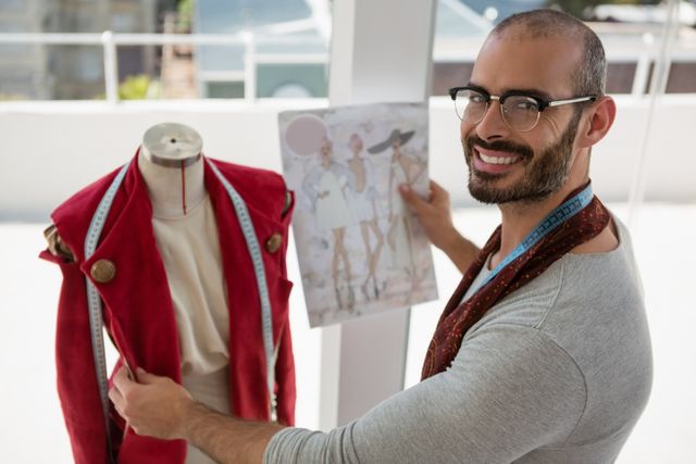 Portrait of smiling designer standing by mannequin - Download Free Stock Photos Pikwizard.com