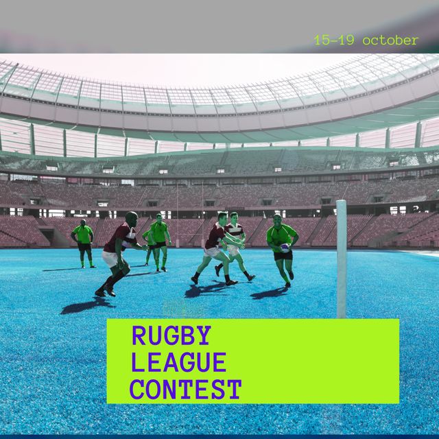 Composition of rugby league contest text over diverse male rugby players. Rugby league contest and celebration concept digitally generated image.