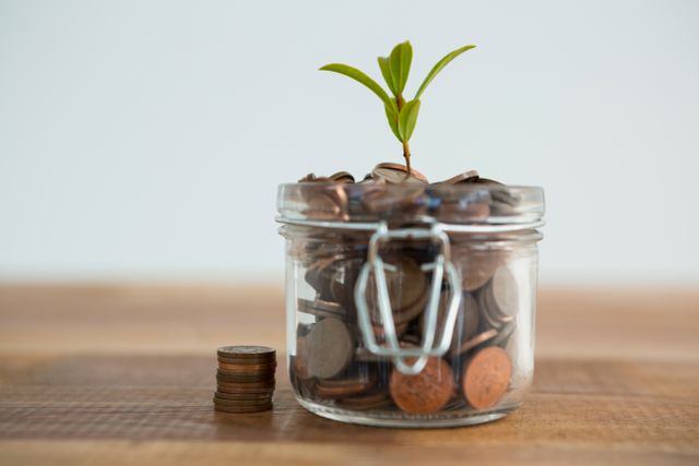Plant growing out of coins jar - Download Free Stock Photos Pikwizard.com