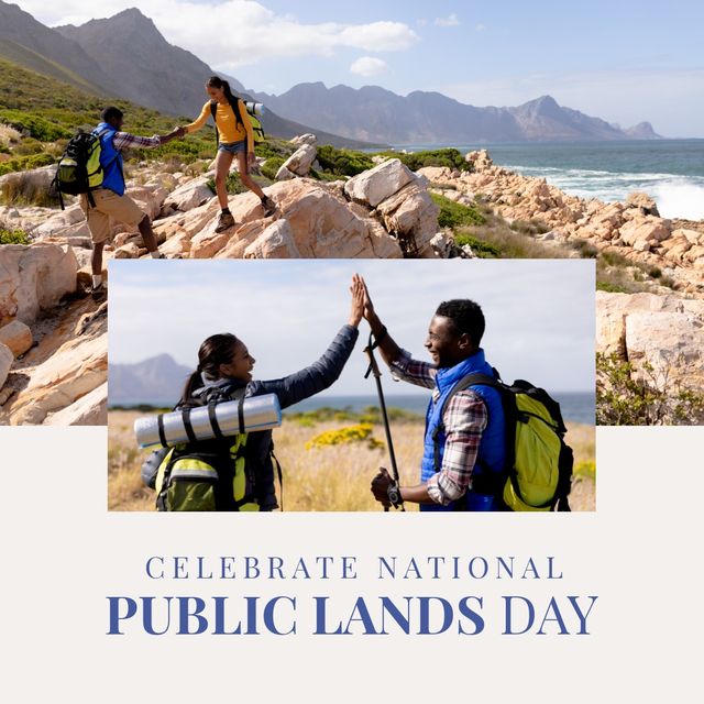 National public lands day text banner over biracial couple hiking in the mountains. National public lands day awareness concept