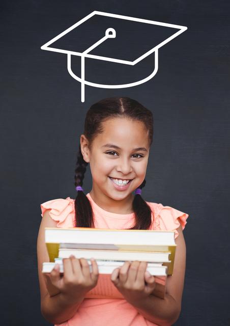 Happy girl holding stack of books with graduation cap in the background - Download Free Stock Photos Pikwizard.com