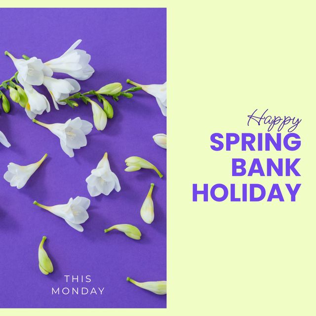 Composite of this monday, happy spring bank holiday text with beautiful white flowers and petals. Copy space, nature, summer, enjoyment and holiday concept.