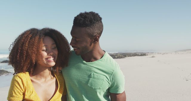 Happy Biracial Couple Standing On Beach Hugging And Laughing From Pikwizard 2509