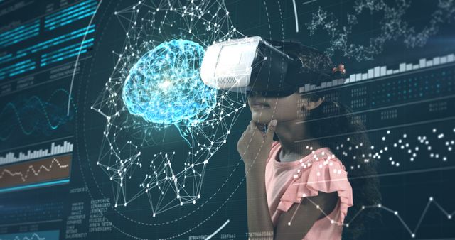 Attentive girl using virtual reality headset and digital screen