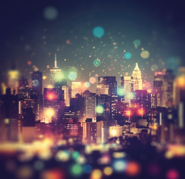 Cityscape at night with glowing bokeh lights, created using generative ai technology. Atmospheric urban nighttime bokeh lights background, digitally generated image.