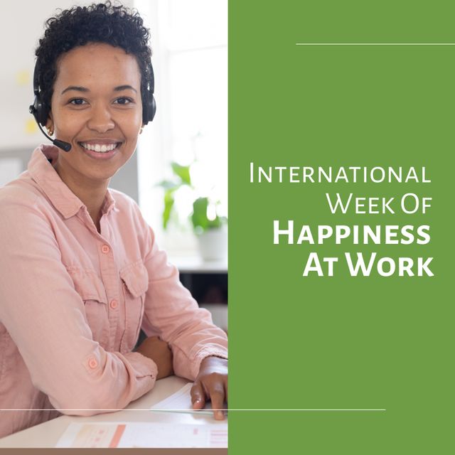 Portrait of biracial young female tele caller, international week of happiness at work text. Digital composite, copy space, workplace, celebration, employee happiness integral to business's success.