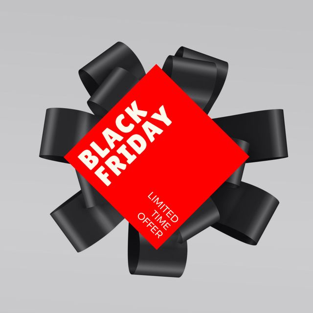 Composition of black friday text on red sign over present ribbon. Black friday, christmas shopping, sales and retail concept digitally generated image.