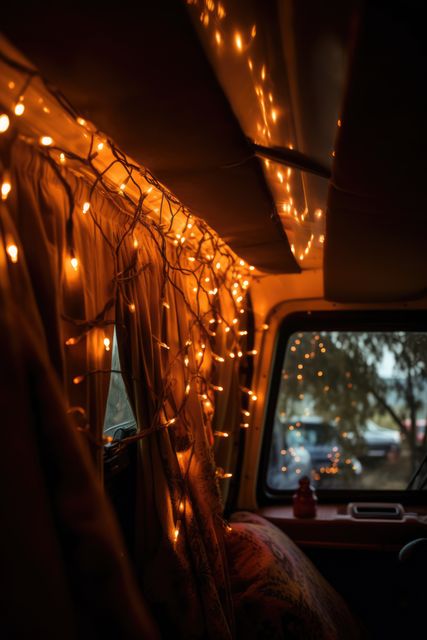 Camper van decorated with strings of fairy lights, created using generative ai technology. Lighting, interior design and home decor concept digitally generated image.
