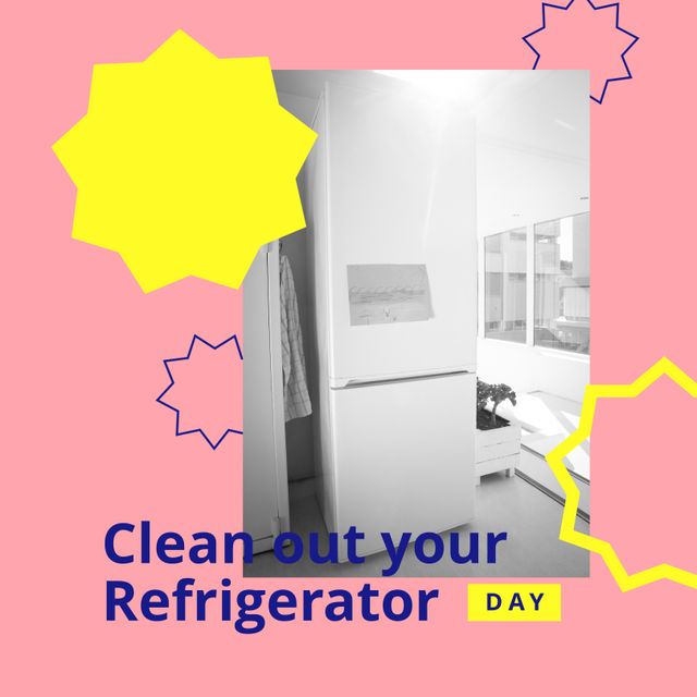 Image of clean out you refrigerator day over pink background with stars and fridge. Household, cleaning and food concept.