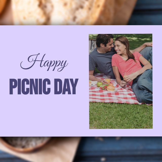 Composite of biracial couple having food and relaxing in park and happy picnic day text over bread. Copy space, love, together, happy, enjoyment and celebration concept.