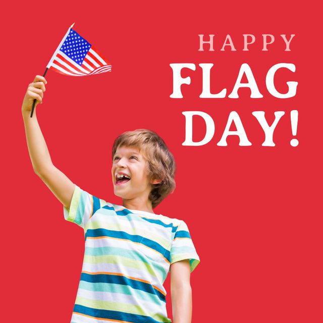 Composition of happy flag day day text over caucasian bou holding flag of usa on red background. Patriotism and templates concept digitally generated image.