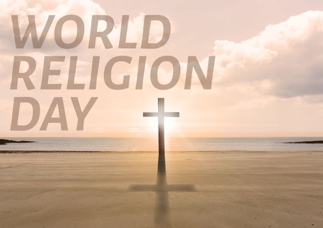 Digital composite image of world religion day text over cross at beach against sky during sunrise - Download Free Stock Photos Pikwizard.com