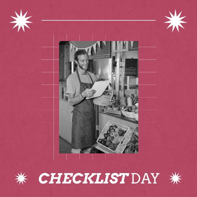 Digital composite image of caucasian vegetable seller holding writing pad with checklist day text. Copy space, helps get organized, more productive, innovative tool, holiday, self made reminders.