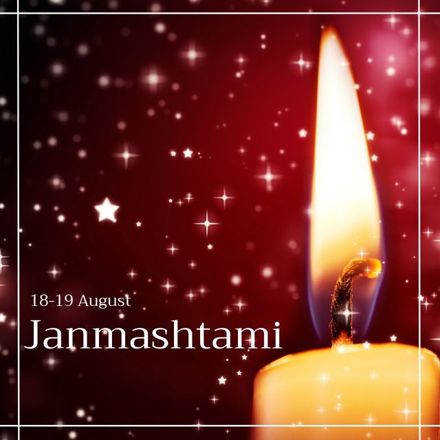 Digital composite image of illuminated candle with 18-19 august janmashtami text with patterns. Hindu festival, culture, tradition, celebration, birth of lord krishna.