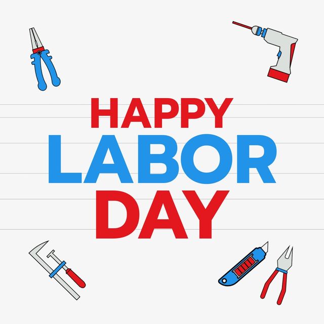Vector image of happy labor day text with work tools on white background, copy space - Download Free Stock Templates Pikwizard.com