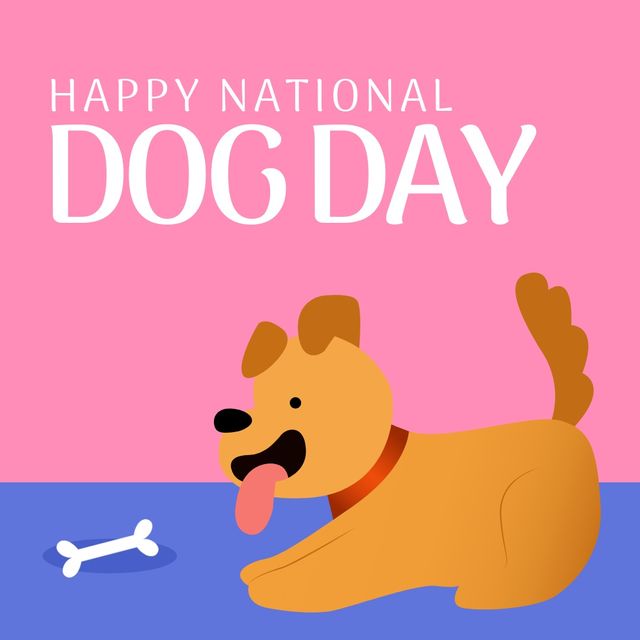 Illustration of puppy with dog bone and happy national dog day text on pink and blue background - Download Free Stock Templates Pikwizard.com