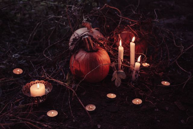 Jack O Lantern Beside Candles Halloween Decor - Download Free Stock Photos Pikwizard.com