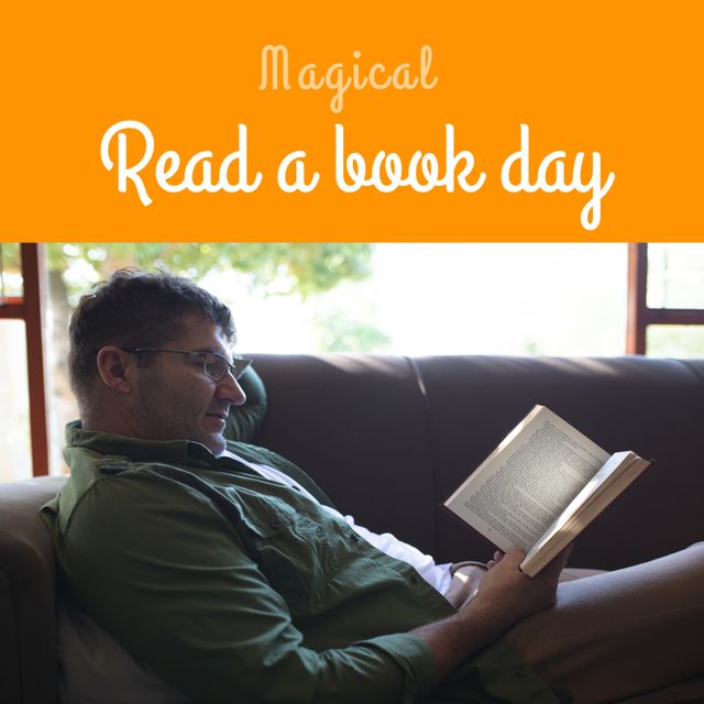 Digital image of mid adult caucasian man reading book at home with magical read a book day text. Copy space, encourage reading, raise awareness, lower stress, improving concentration and memory.