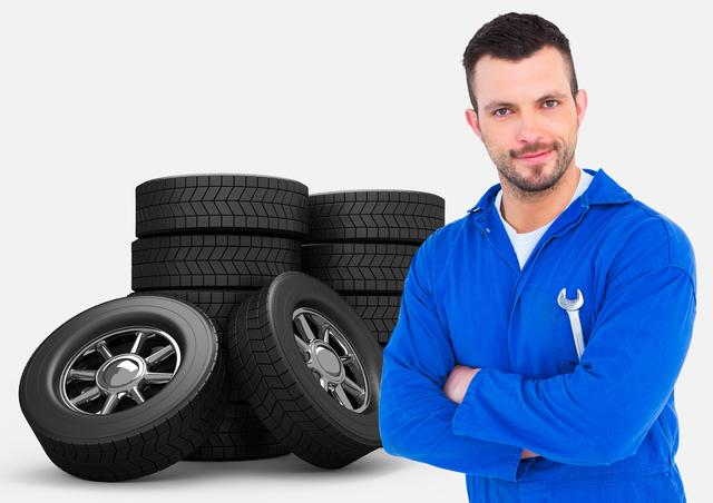 Mechanic standing with arms crossed against tires in background - Download Free Stock Photos Pikwizard.com