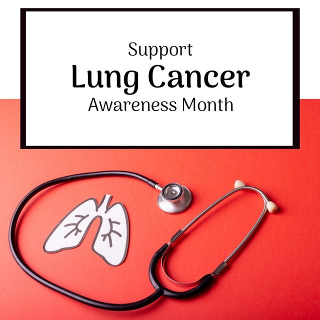 Square image of lung cancer awareness month text with lung and stethoscope. Lung cancer awareness month campaign.