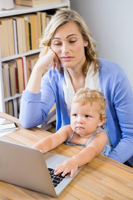 Stressed mother with baby girl using laptop - Download Free Stock Photos Pikwizard.com