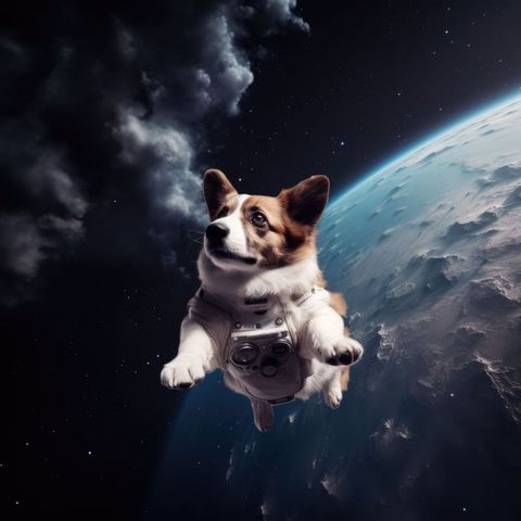 Close up of dog in space with earth and stars in sky, created using