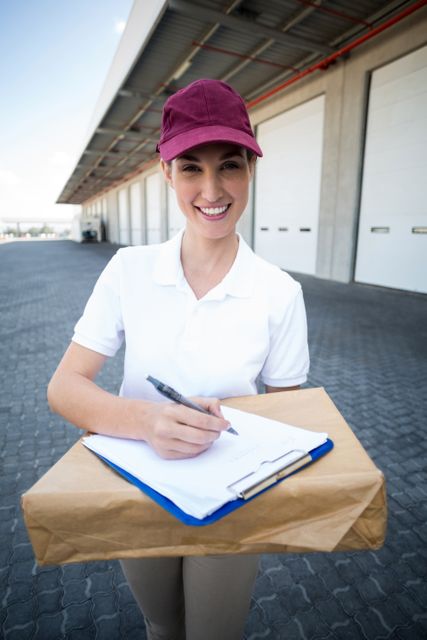 Portrait of delivery woman holding a clipboard and parcel - Download Free Stock Photos Pikwizard.com