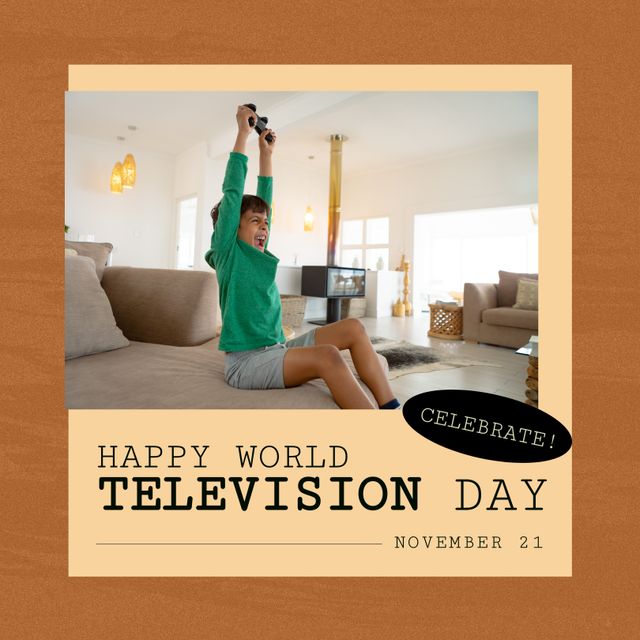 Composition of happy world television day text with biracial boy playing video games. Television day and celebration concept digitally generated image.