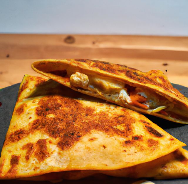 Close up of fresh quesadilla filled with vegetables and sauce. Food, tradition and seasoning concept.