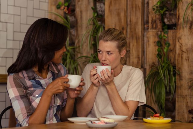 Female friends interacting with each other while having coffee - Download Free Stock Photos Pikwizard.com