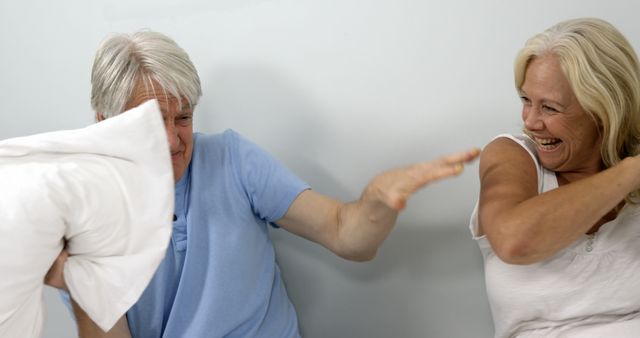 Two senior Caucasian women engage in a playful pillow fight, with copy space - Download Free Stock Photos Pikwizard.com